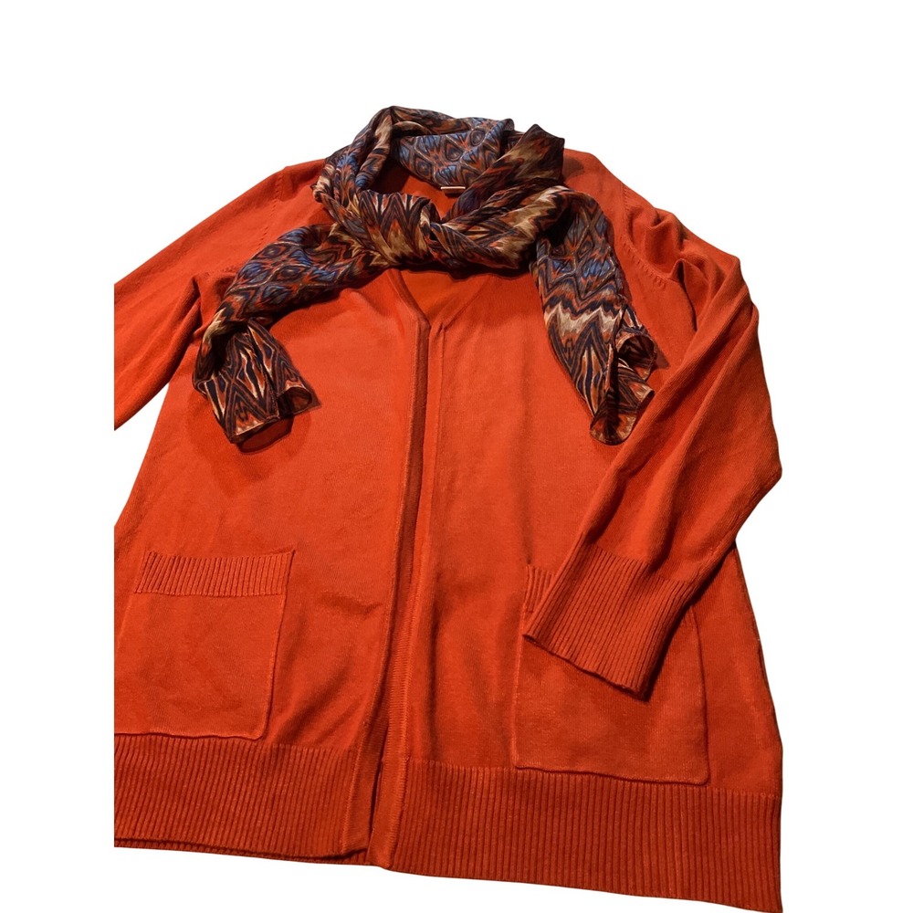 Ruby Rd Petite Orange Knit Cardigan Scarf Set Open Front Pockets